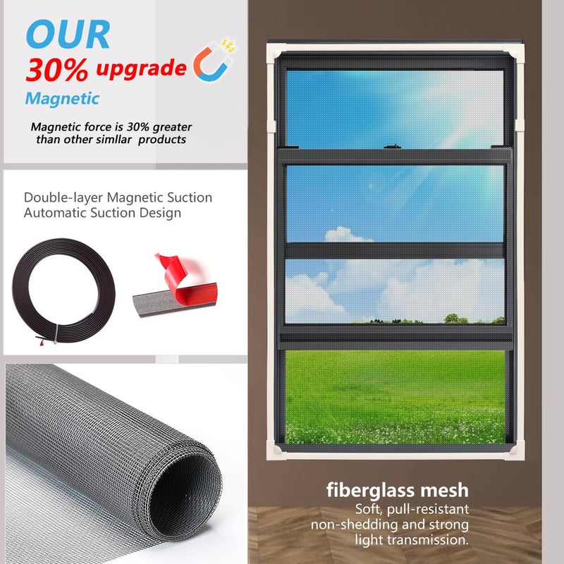 Maguesh Magnetic Window Screen  DIY Window Screen for House Adjustable Fiberglass Mesh White Frame Grey Net Self Adhesive Easy Installation (32""x23""(81x58cm)) - Image 3